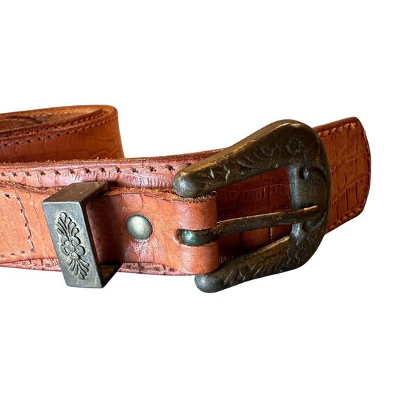 Fiorucci Italy Leather Double Strap Belt Vintage Embossed Brass Floral Accents - Picture 2 of 16